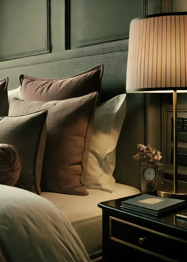Bed in hotel room.