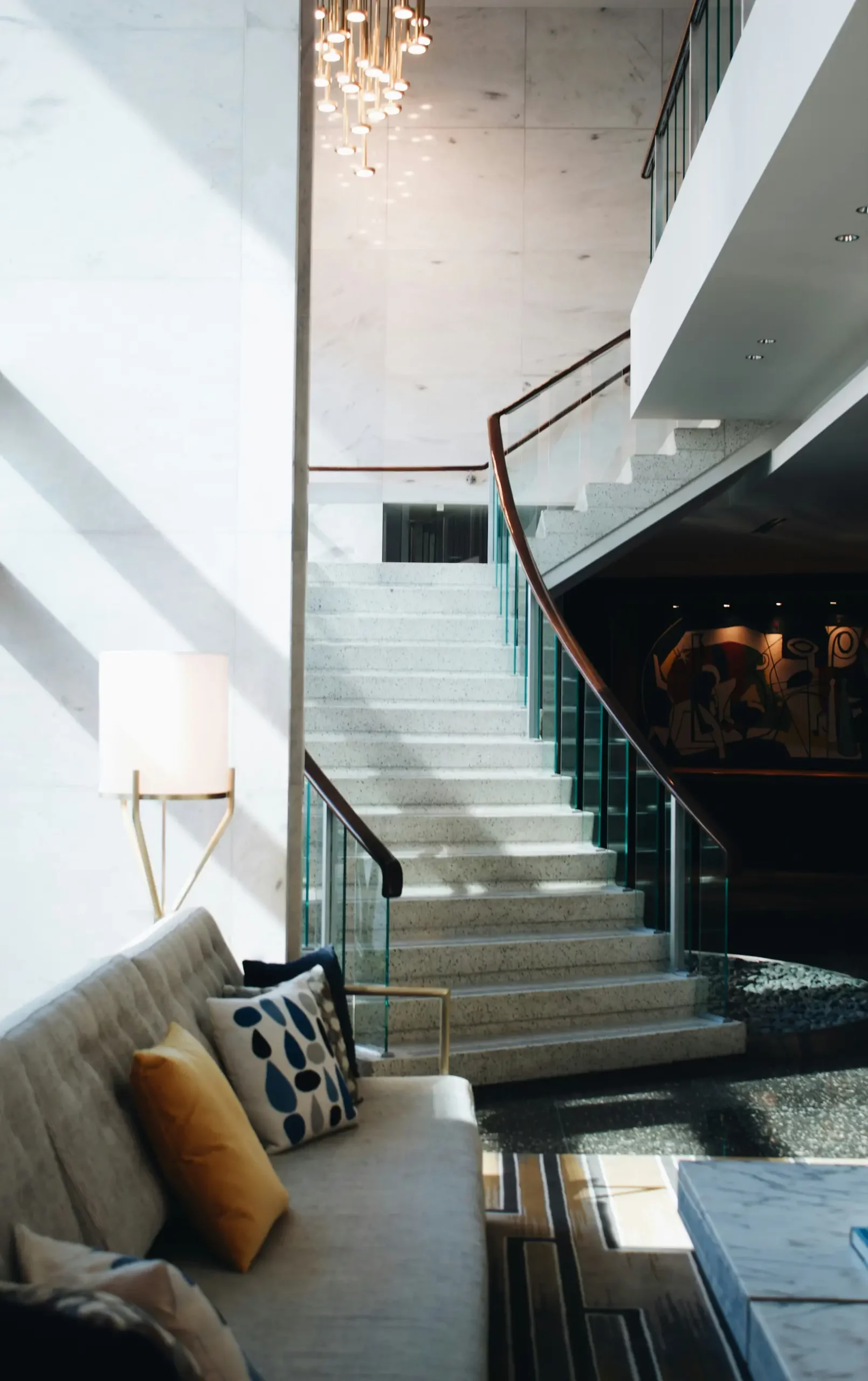 hotel stairs with sofa